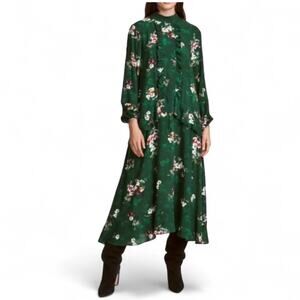 Bohemian Green Floral Ruffle Midi Dress 10 Cottage Prairie Modest Casual